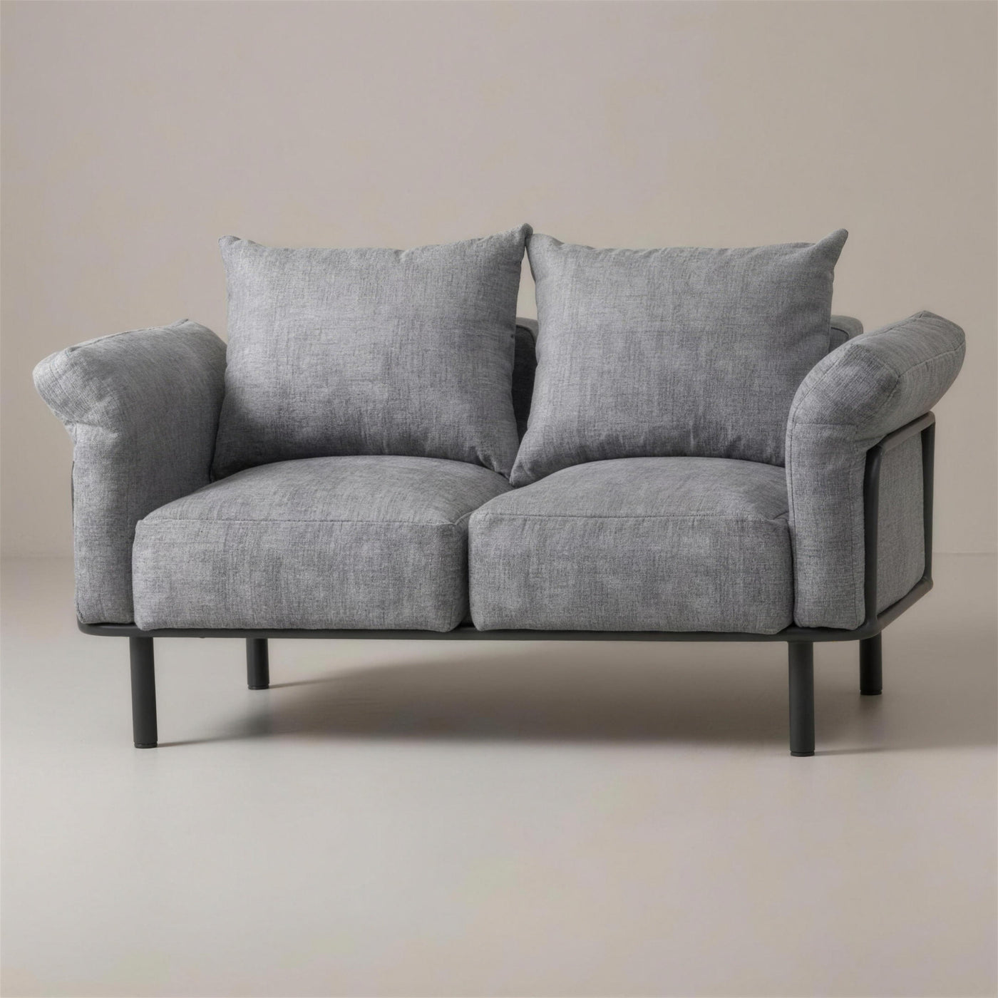 Sofa de terraza Brandon de 2 plazas en aluminio antracita con tapiceria gris de jacquard, 166x90x90 cm, sobre fondo neutro