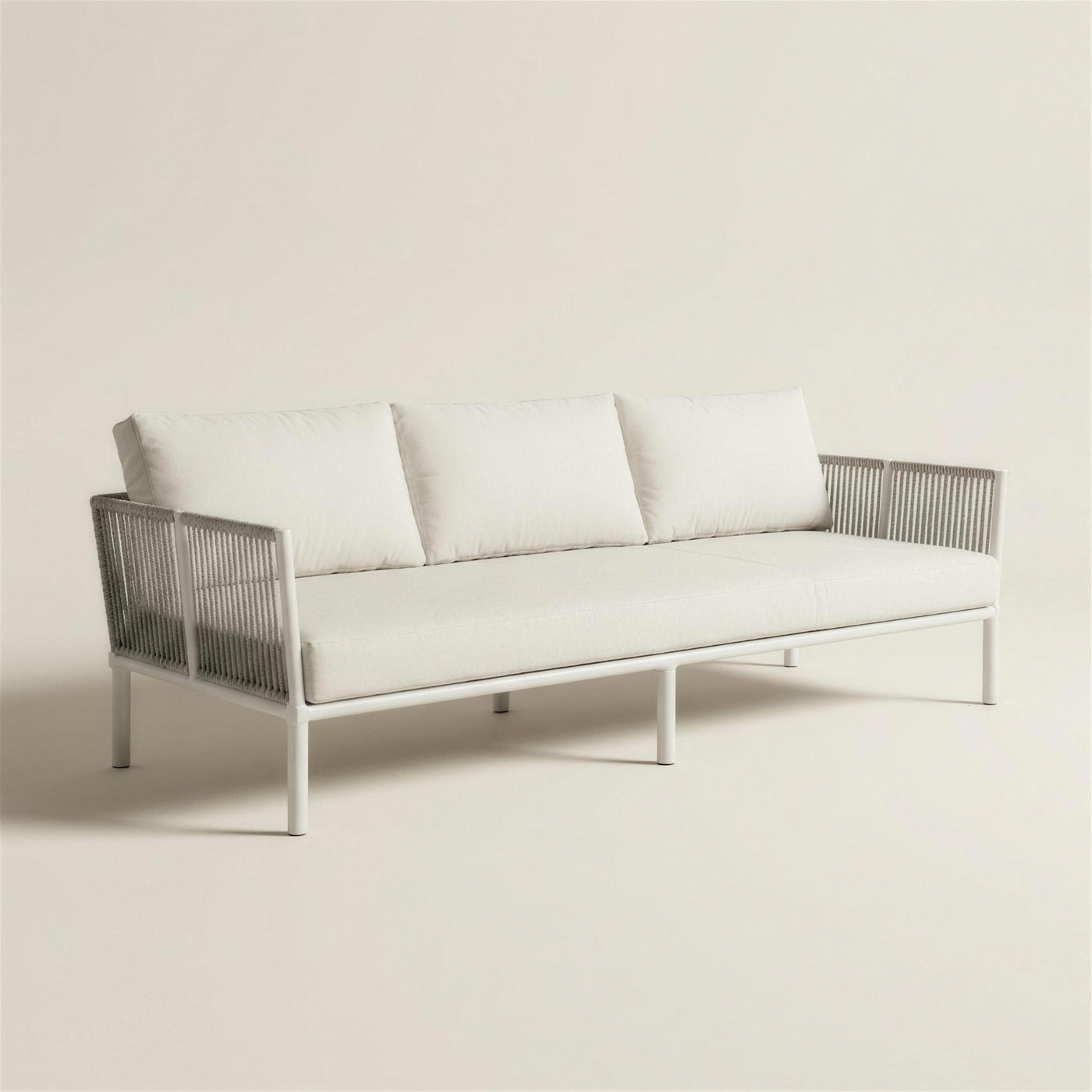 Sofá de terraza de 3 plazas de aluminio blanco con laterales de cuerda gris y cojines crudo, 220 cm
