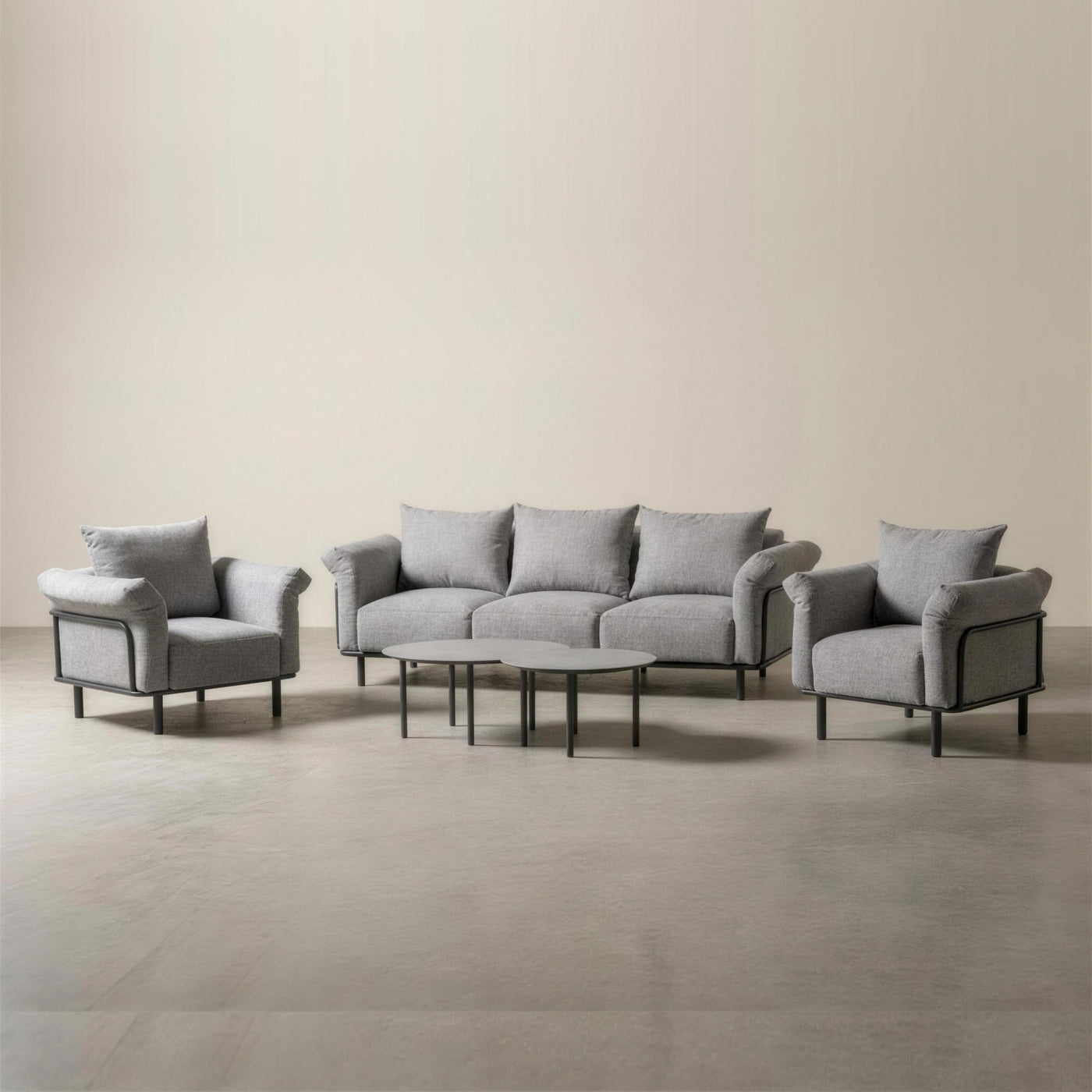 Conjunto de jardin de 3 plazas de aluminio antracita: sofa de 3 plazas, dos sillones y dos mesas nido, con tapiceria gris de jacquard tono sobre tono