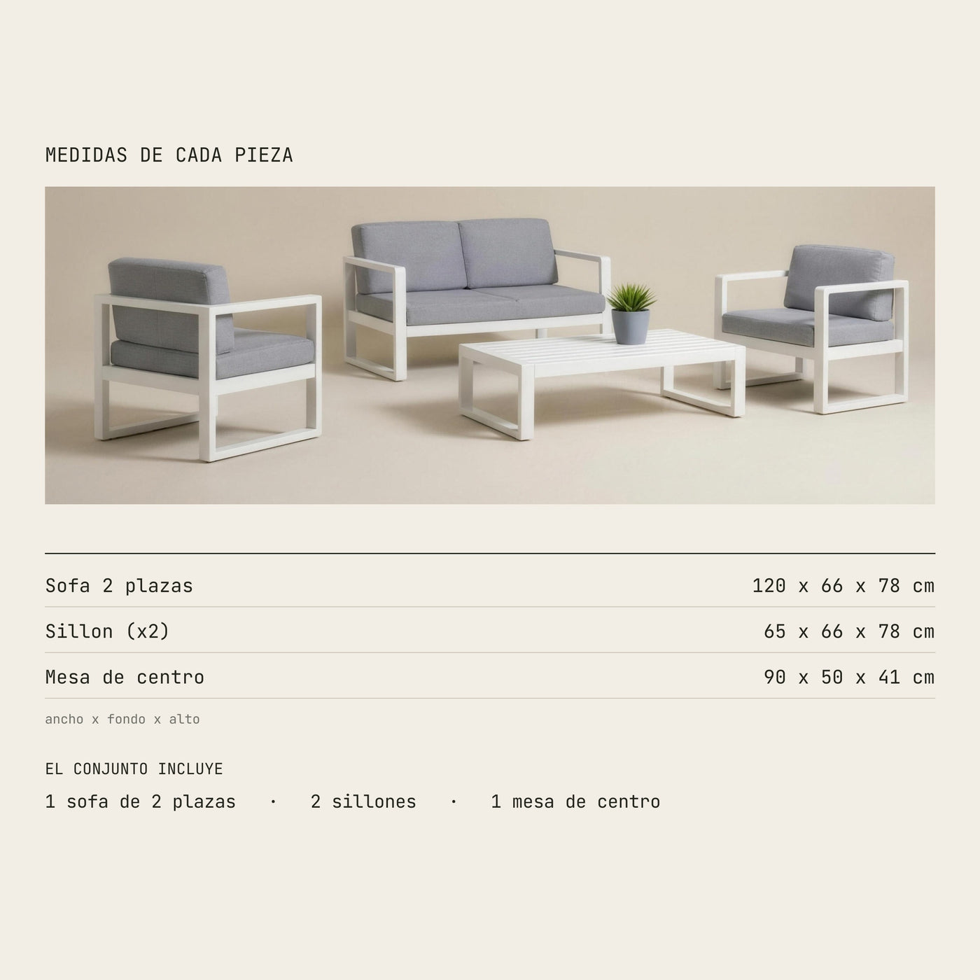 Medidas de cada pieza del conjunto Odin-7: sofa de 2 plazas 120x66x78 cm, sillon 65x66x78 cm y mesa de centro 90x50x41 cm. Incluye 1 sofa, 2 sillones y 1 mesa