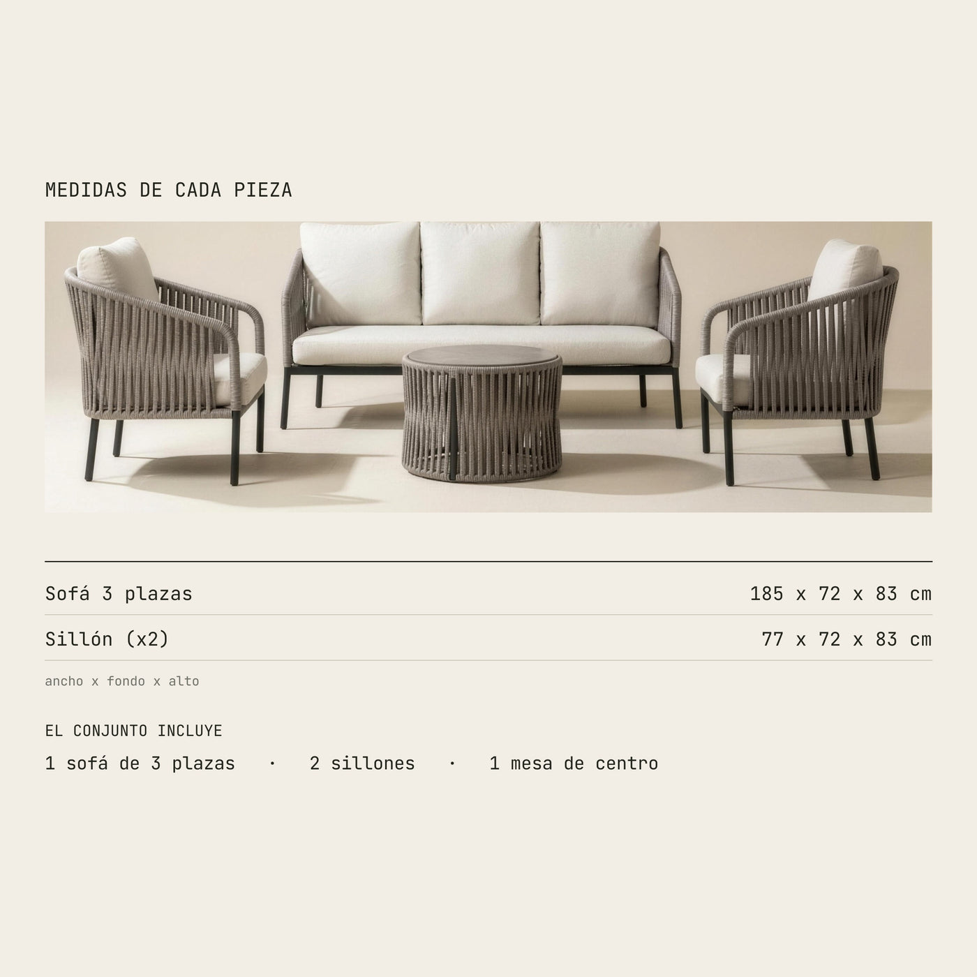 Medidas del conjunto Yina de 3 plazas: sofa 185x72x83 cm y sillon 77x72x83 cm. Incluye sofa, dos sillones y mesa de centro