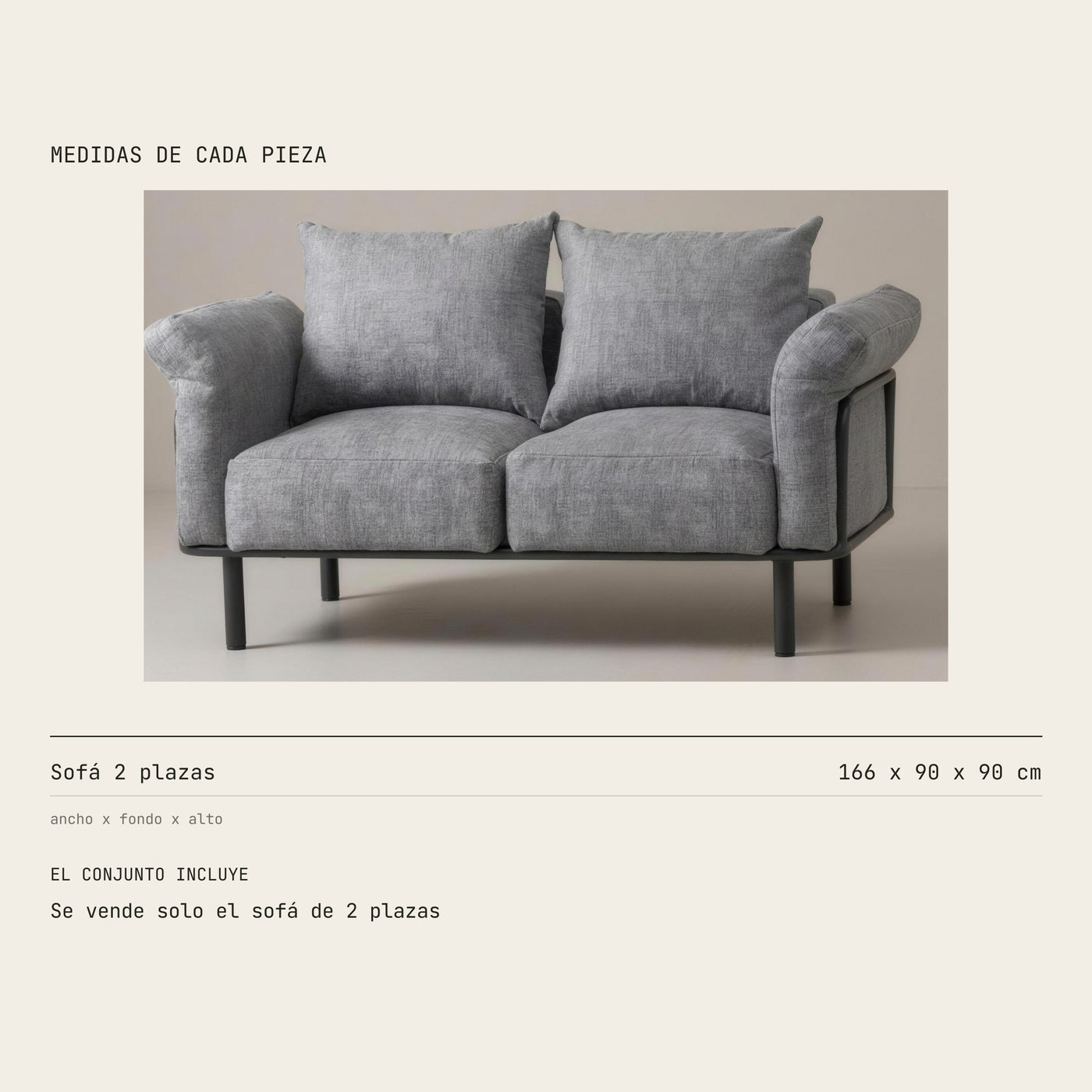 Medidas del sofa de 2 plazas Brandon: 166 cm de ancho por 90 de fondo y 90 de alto. Se vende solo el sofa