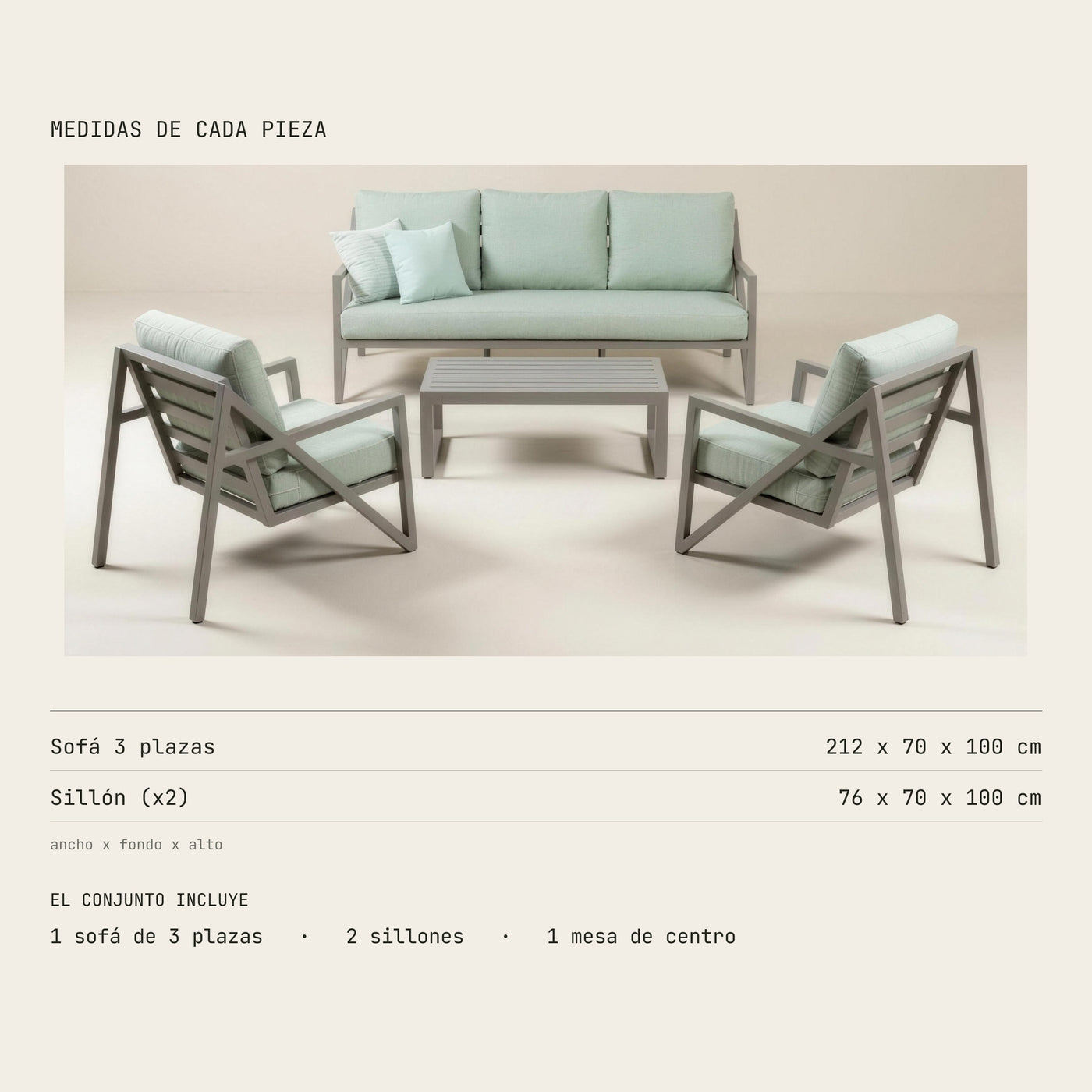 Medidas del conjunto Albania de 3 plazas: sofa 212x70x100 cm y sillon 76x70x100 cm. Incluye sofa, dos sillones y mesa de centro