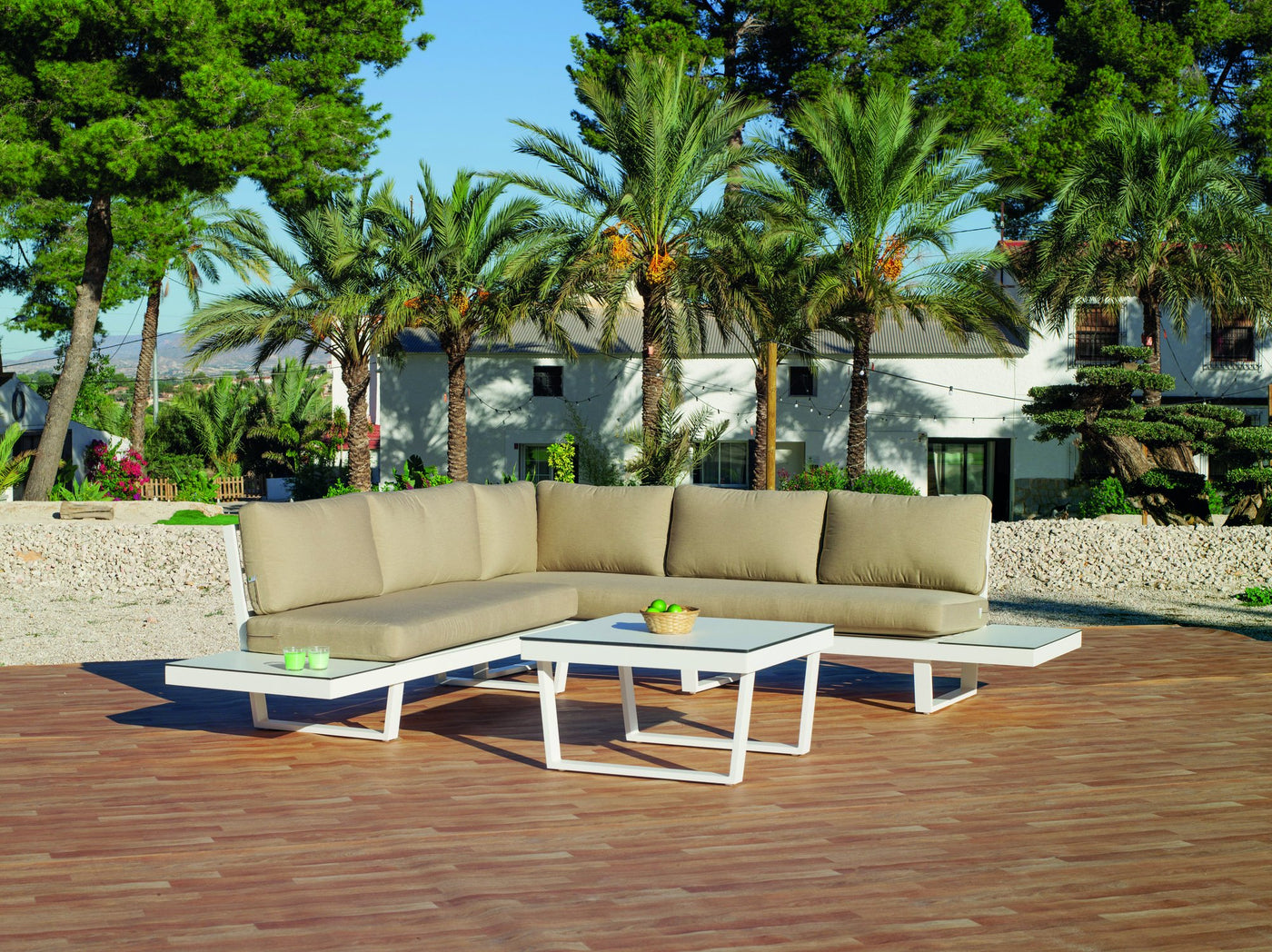 Set rinconera exterior HPL · sofisticado | sofá de esquina + mesa de centro | Blanco - Beige