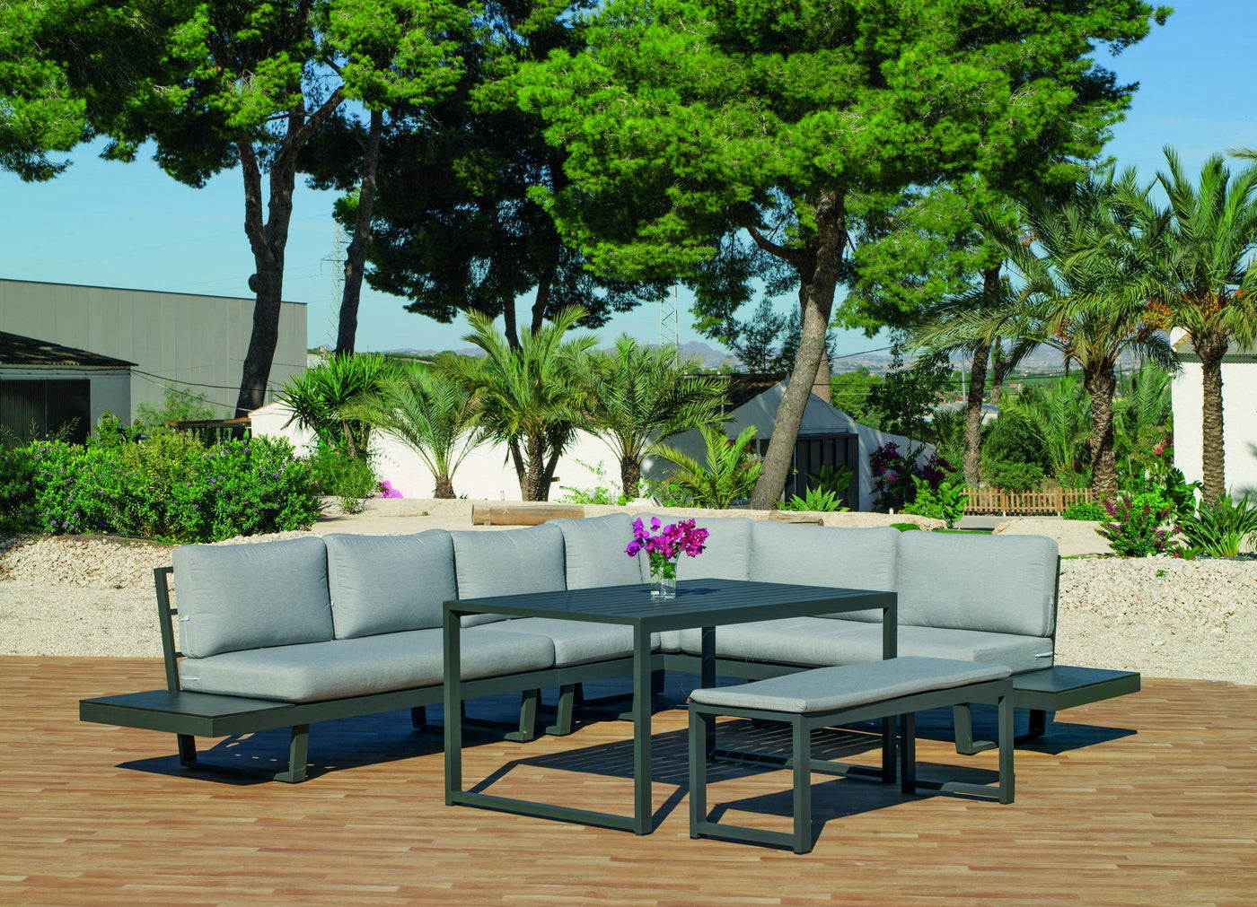 Set rinconera exterior HPL · elegante | sofá de esquina + mesa de centro