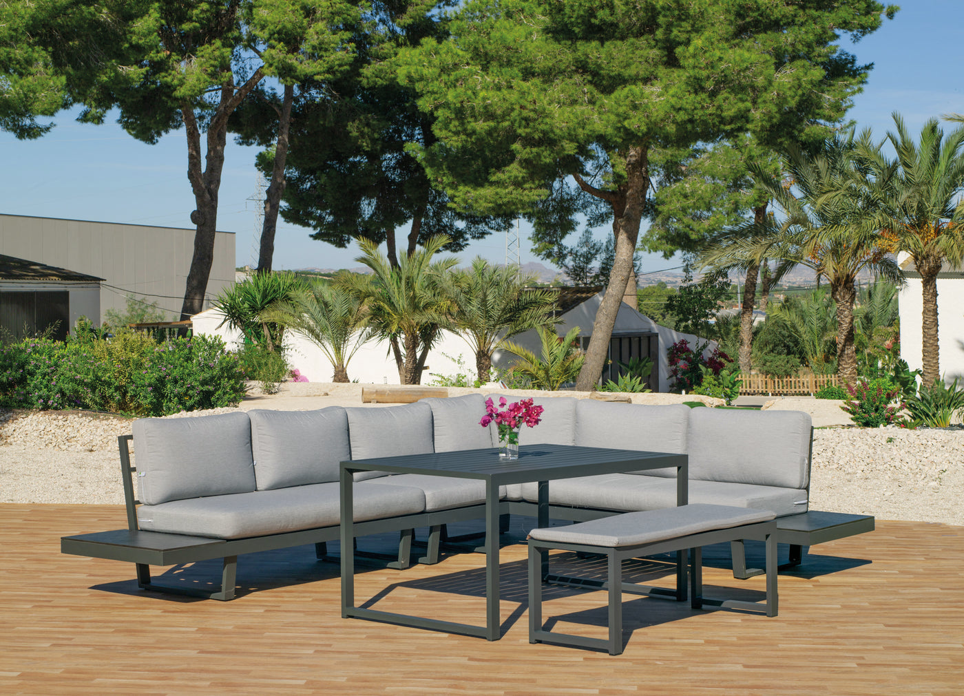 Set rinconera exterior HPL · moderno | sofá de esquina + mesa de centro
