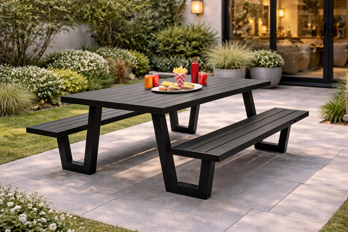 Banco jardín con mesa integrada · 220 cm