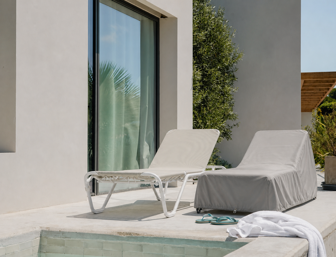 Tumbona de exterior junto a piscina protegida con funda