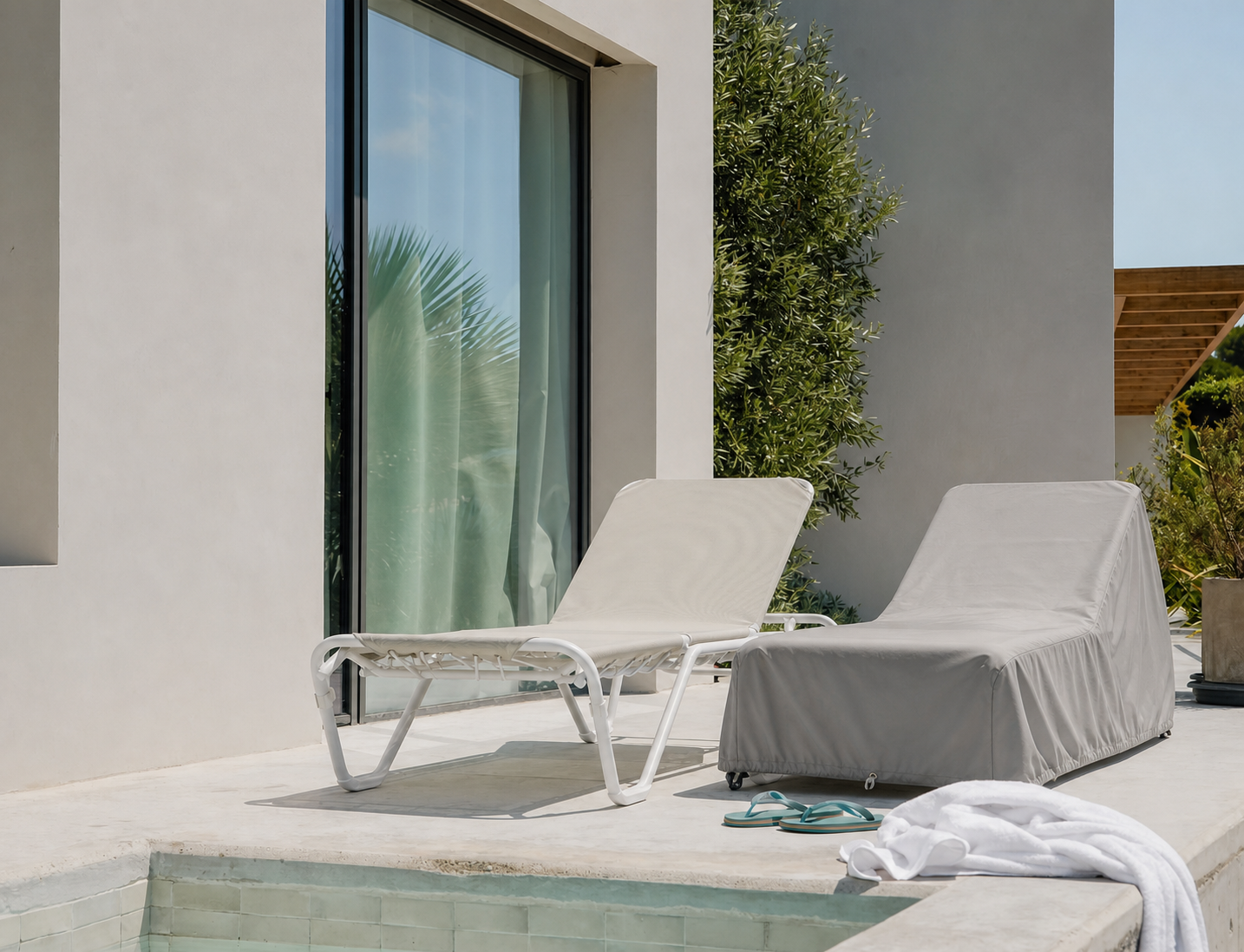 Tumbona de exterior junto a piscina protegida con funda