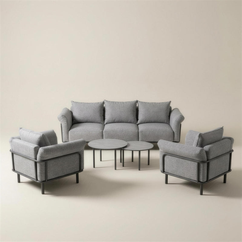 Set de jardín contemporáneo de aluminio antracita con sofá de 3 plazas, dos sillones y mesa, tapizado gris
