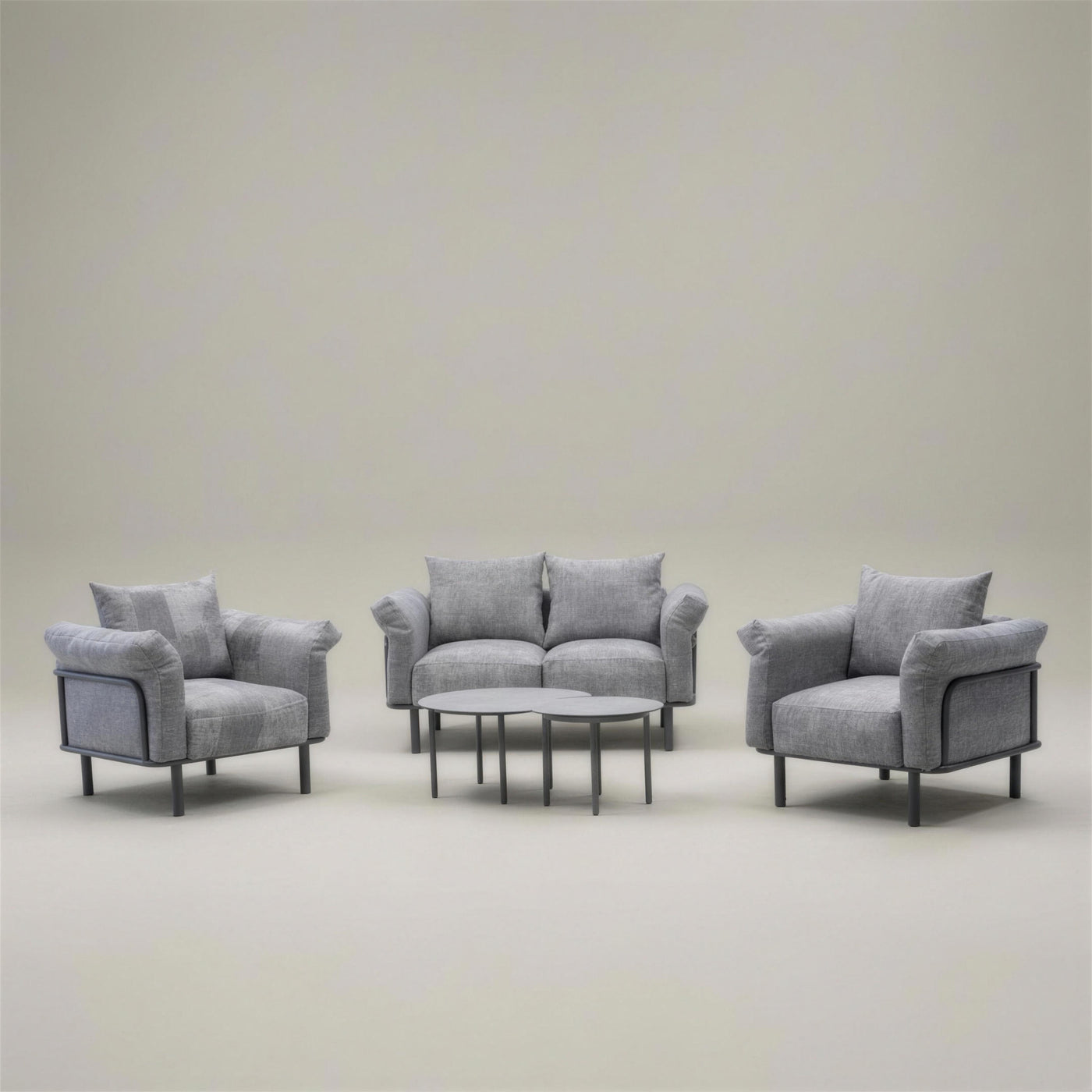 Conjunto de jardin Brandon 7 de aluminio antracita: sofa de 2 plazas, dos sillones y dos mesas de centro redondas, con tapiceria gris de jacquard