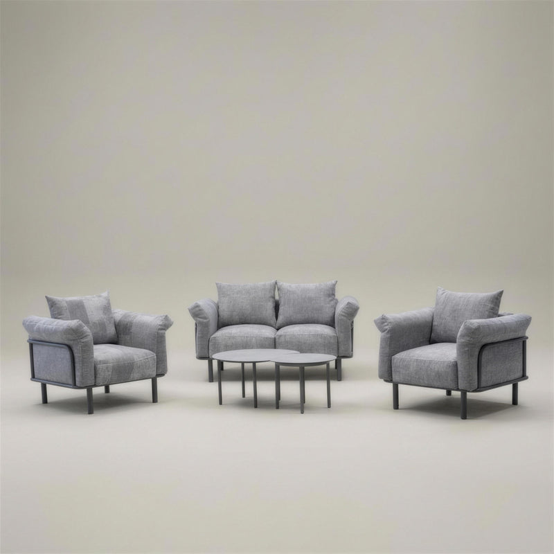 Conjunto de jardin Brandon 7 de aluminio antracita: sofa de 2 plazas, dos sillones y dos mesas de centro redondas, con tapiceria gris de jacquard