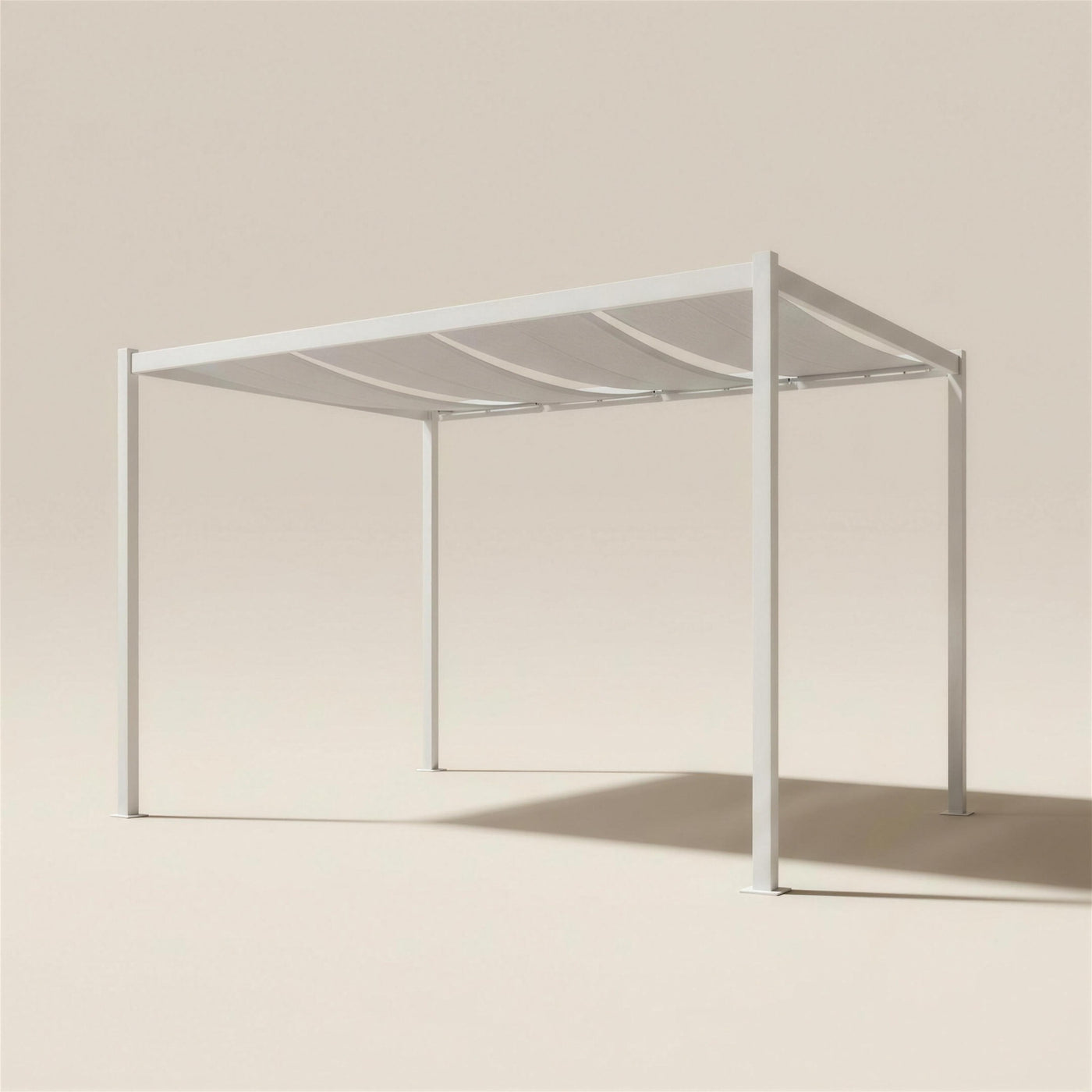 Pergola de jardin Venecia de aluminio blanco, autoportante de cuatro patas, con toldo corredero de lona, 300x300x250 cm, sobre fondo neutro