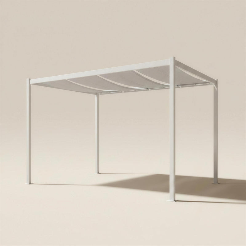 Pergola de jardin Venecia de aluminio blanco, autoportante de cuatro patas, con toldo corredero de lona, 300x300x250 cm, sobre fondo neutro