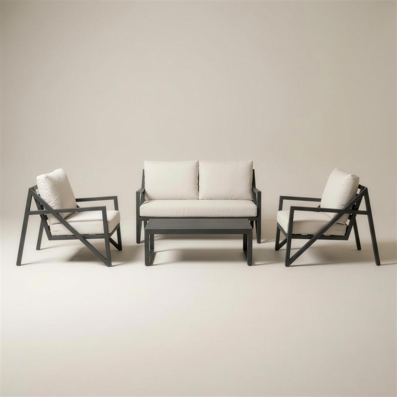 Set de jardín elegante de aluminio antracita con sofá de 2 plazas, dos sillones de travesaño en V y mesa de centro de lamas, cojines crudo