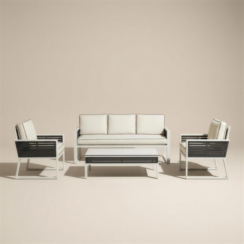 Set de jardín bicolor con sofá de 3 plazas, dos sillones y mesa de centro, aluminio blanco con lamas antracita y cojines crudo