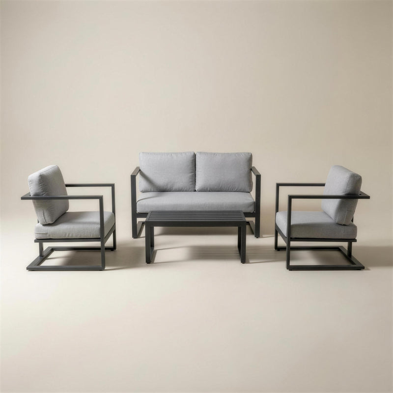 Set de jardín contemporáneo de aluminio antracita con sofá de 2 plazas, dos sillones de base voladiza y mesa de centro de lamas, cojines gris claro