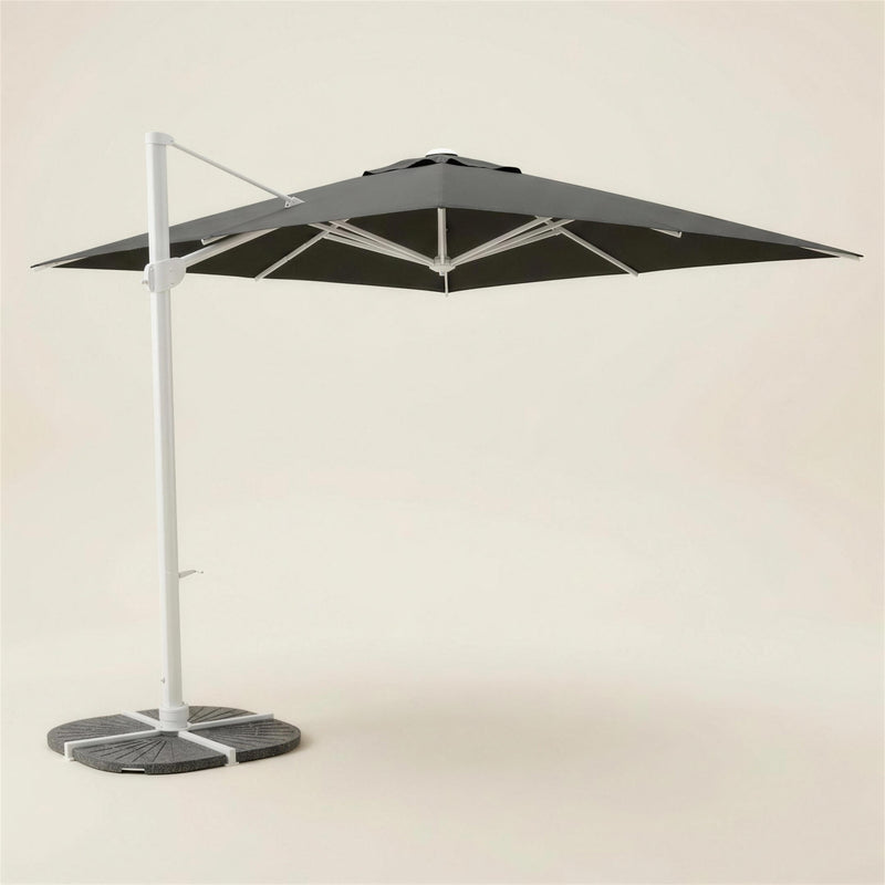 Parasol lateral de exterior de aluminio blanco con lona cuadrada antracita y base de placas de piedra, 300x300 cm