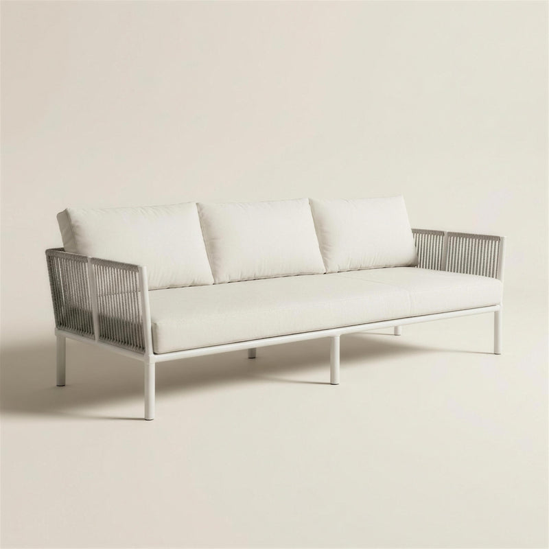 Sofá de terraza de 3 plazas de aluminio blanco con laterales de cuerda gris y cojines crudo, 220 cm
