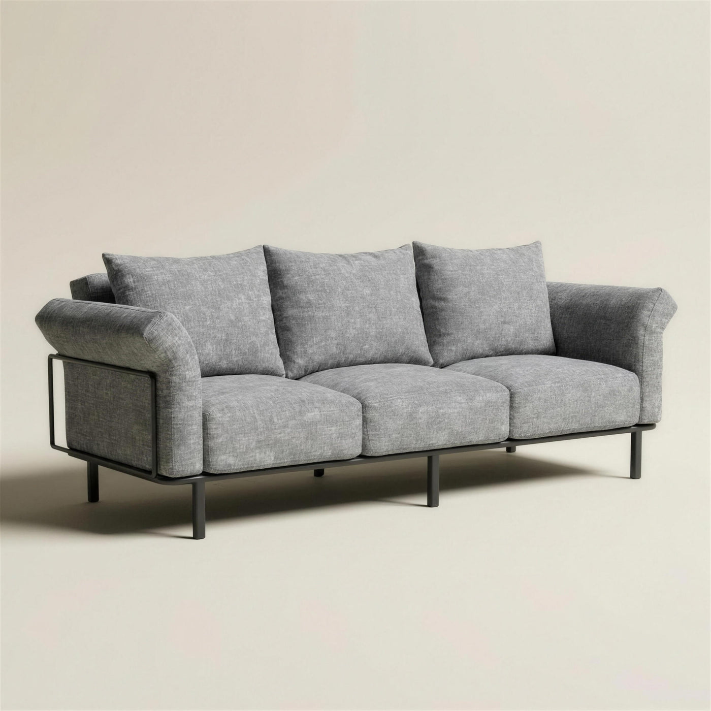 Sofa de terraza Brandon de 3 plazas en aluminio antracita con tapiceria gris de jacquard, 220x90x90 cm, sobre fondo neutro
