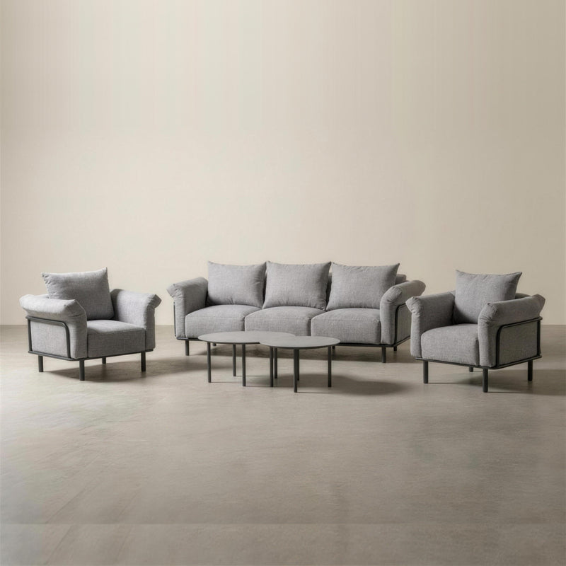 Conjunto de jardin de 3 plazas de aluminio antracita: sofa de 3 plazas, dos sillones y dos mesas nido, con tapiceria gris de jacquard tono sobre tono