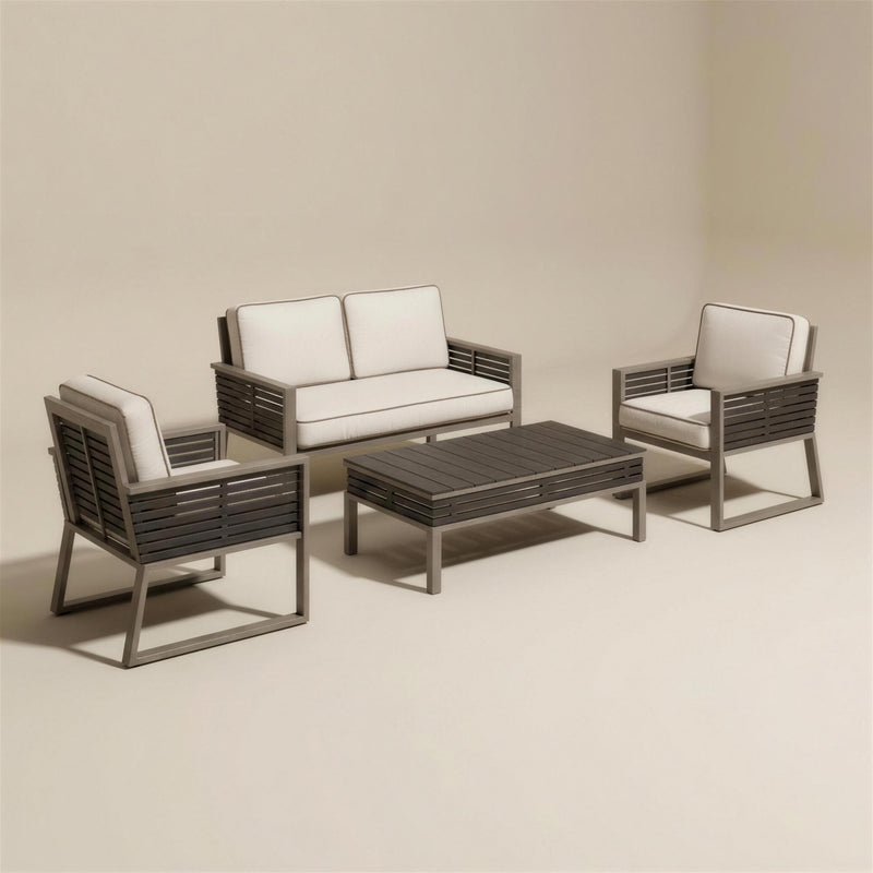 Conjunto de jardin Diva bicolor de 2 plazas: sofa, dos sillones y mesa de centro de lamas, estructura antracita y tapiceria crudo, sobre fondo neutro