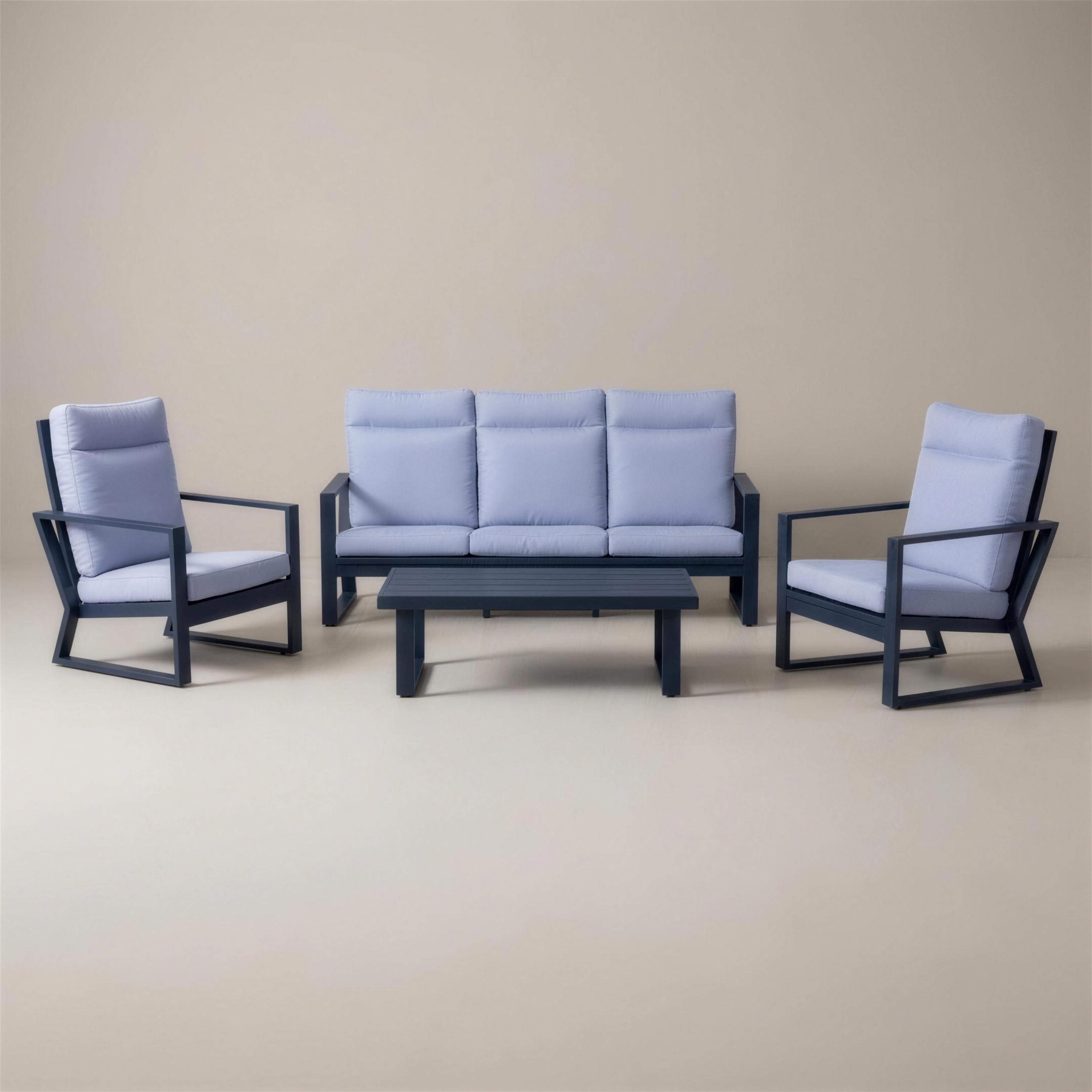 Conjunto de jardin Bolonia XL-8 de aluminio azul marino: sofa de 3 plazas, dos sillones y mesa de centro de listones, con cojines azul lavanda
