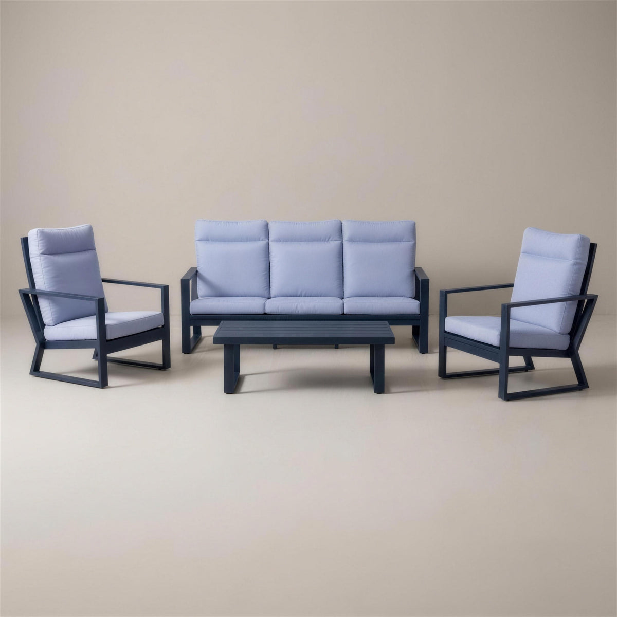 Conjunto de jardin Bolonia XL-8 de aluminio azul marino: sofa de 3 plazas, dos sillones y mesa de centro de listones, con cojines azul lavanda