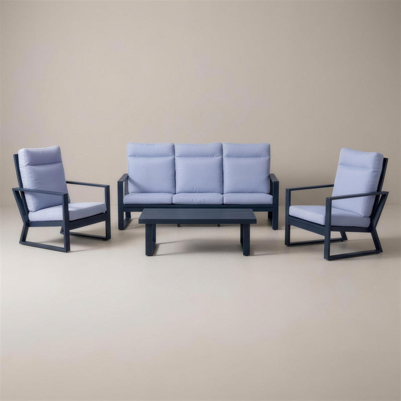 Conjunto de jardin Bolonia XL-8 de aluminio azul marino: sofa de 3 plazas, dos sillones y mesa de centro de listones, con cojines azul lavanda