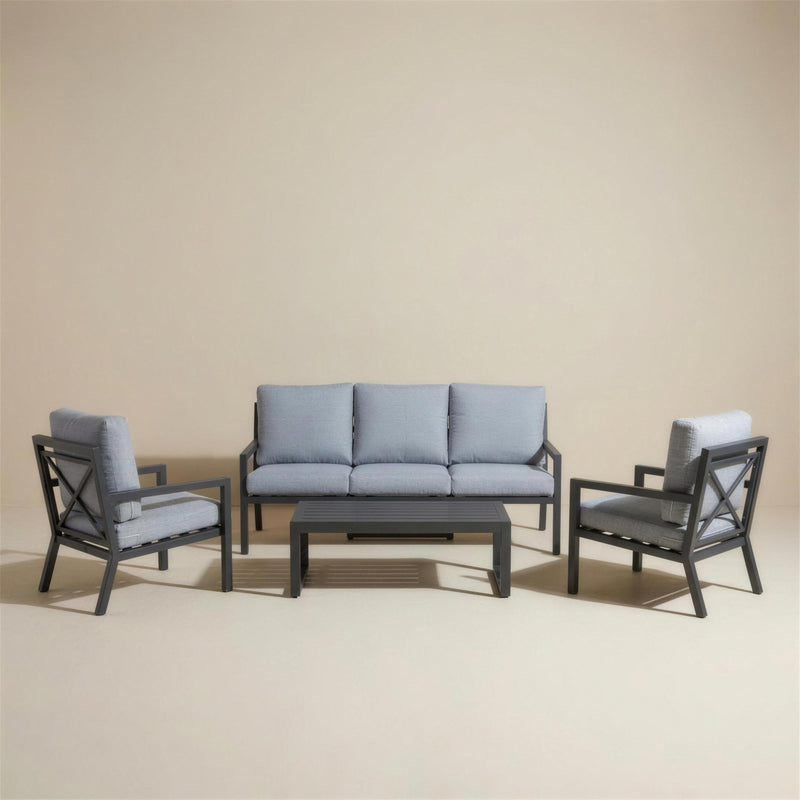 Set de jardín elegante de aluminio antracita con sofá de 3 plazas, dos sillones con aspa lateral y mesa de centro de lamas, cojines azul grisáceo