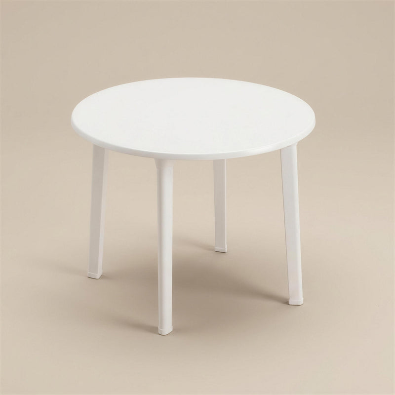 Mesa de exterior Selva redonda de 70 cm en resina blanca con cuatro patas, sobre fondo neutro