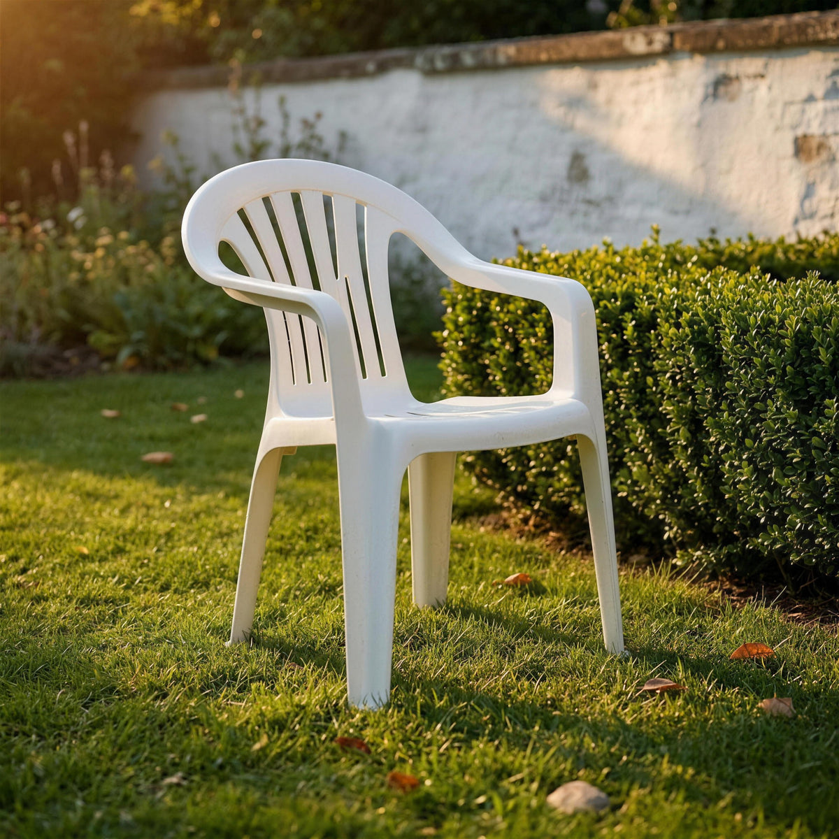Silla de resina blanca apilable, sola sobre el cesped de un jardin junto a un seto recortado y un muro encalado. Se vende solo la silla