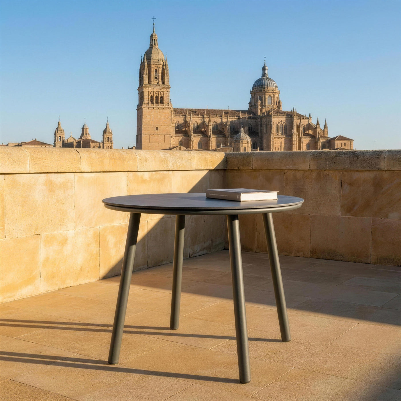 Mesa Mundra redonda sola en una azotea de Salamanca, sobre piedra de Villamayor y con las torres de la catedral al fondo