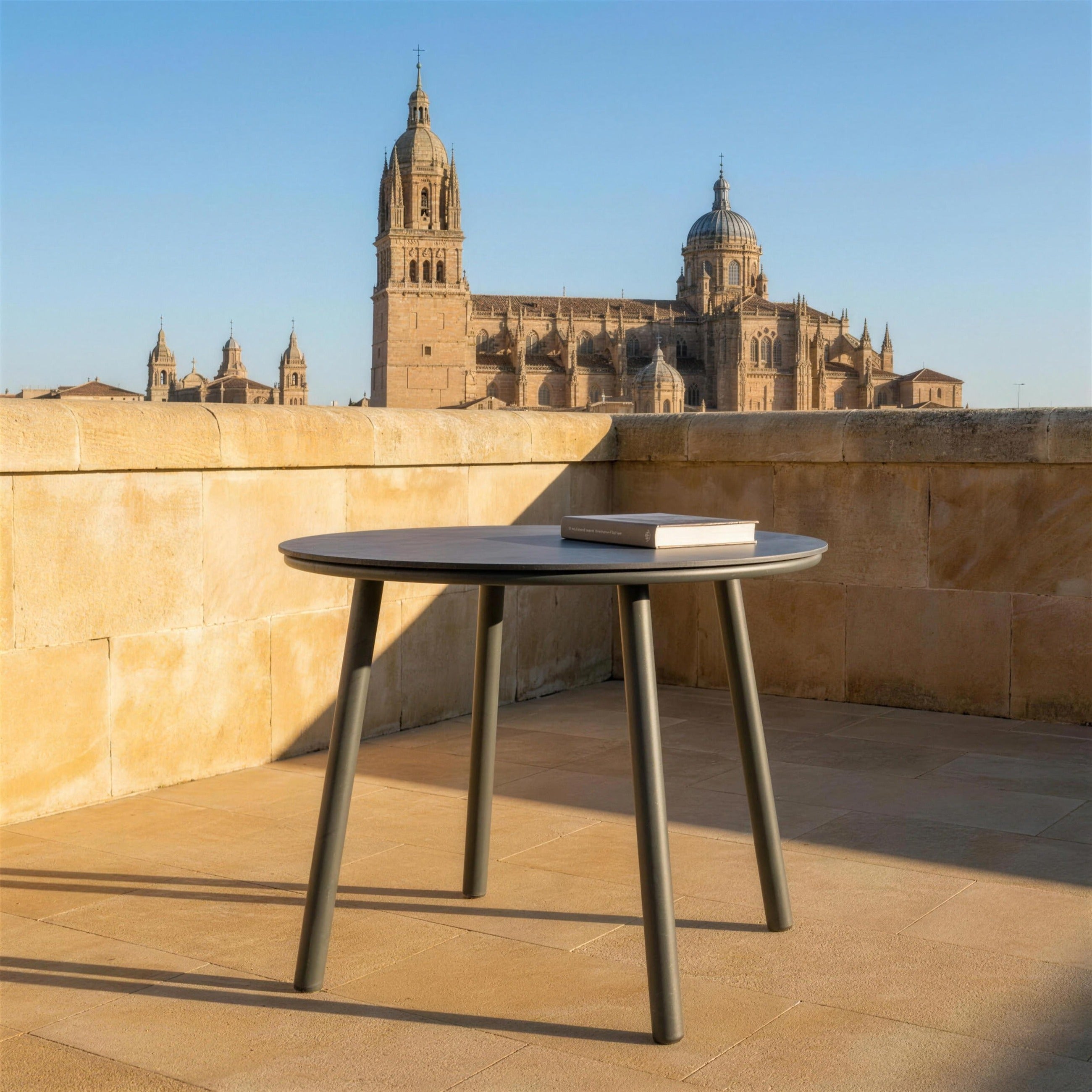 Mesa Mundra redonda sola en una azotea de Salamanca, sobre piedra de Villamayor y con las torres de la catedral al fondo
