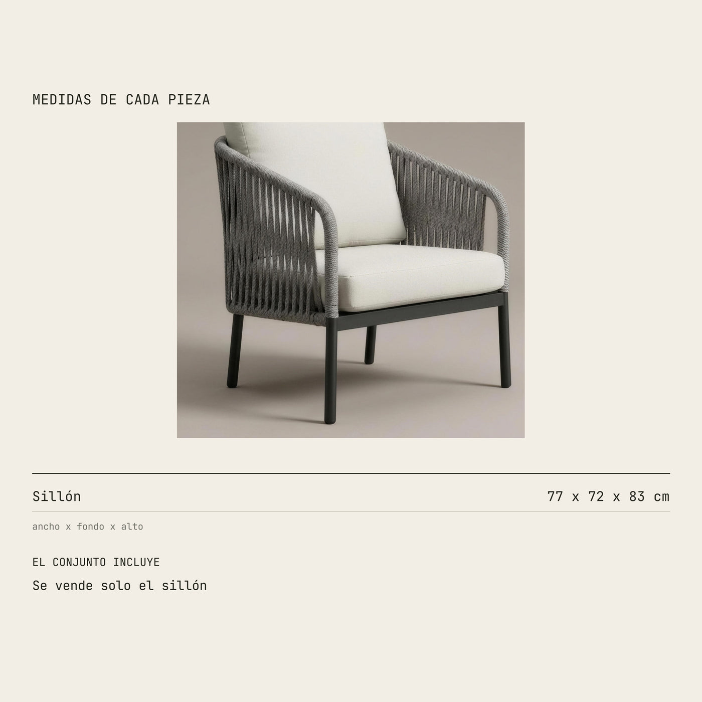 Medidas del sillon Yina: 77 cm de ancho por 72 de fondo y 83 de alto. Se vende solo el sillon