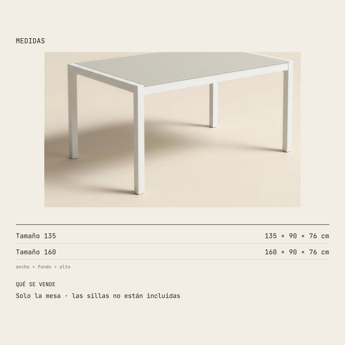 Medidas de la mesa de comedor de exterior: 135 x 90 x 76 cm y 160 x 90 x 76 cm de alto. Solo la mesa, las sillas no estan incluidas