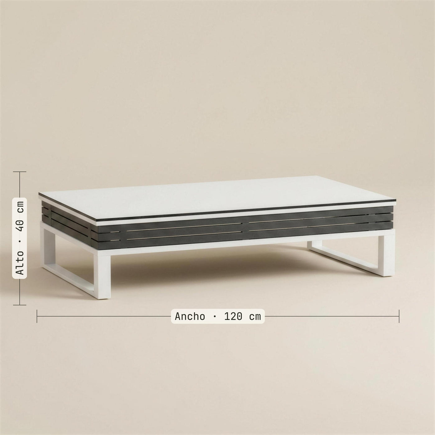 Medidas de la mesa de centro bicolor: 120 cm de ancho y 40 de alto. Se vende solo la mesa