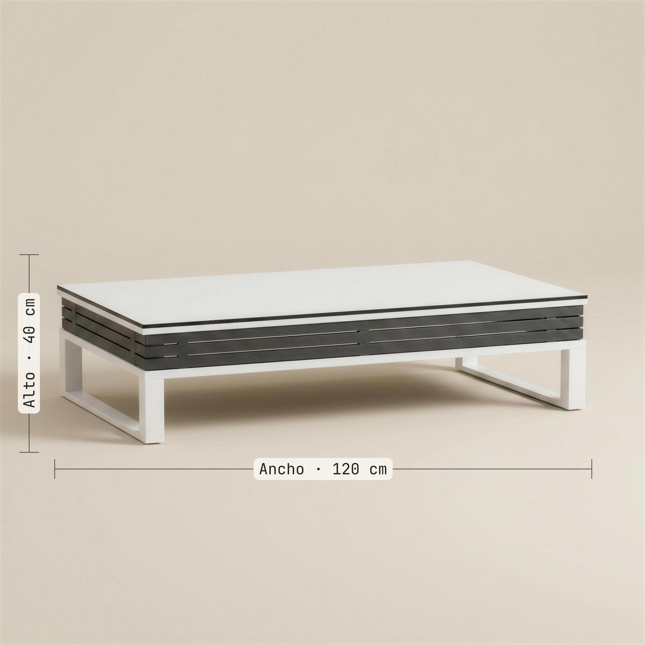 Medidas de la mesa de centro bicolor: 120 cm de ancho y 40 de alto. Se vende solo la mesa