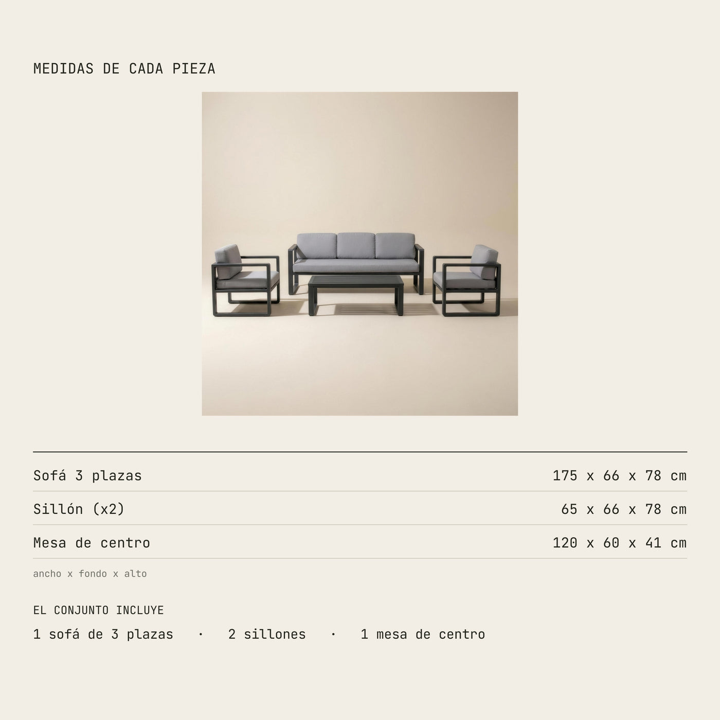 Medidas del conjunto Odin de 3 plazas: sofa 175x66x78 cm, sillon 65x66x78 cm y mesa de centro 120x60x41 cm