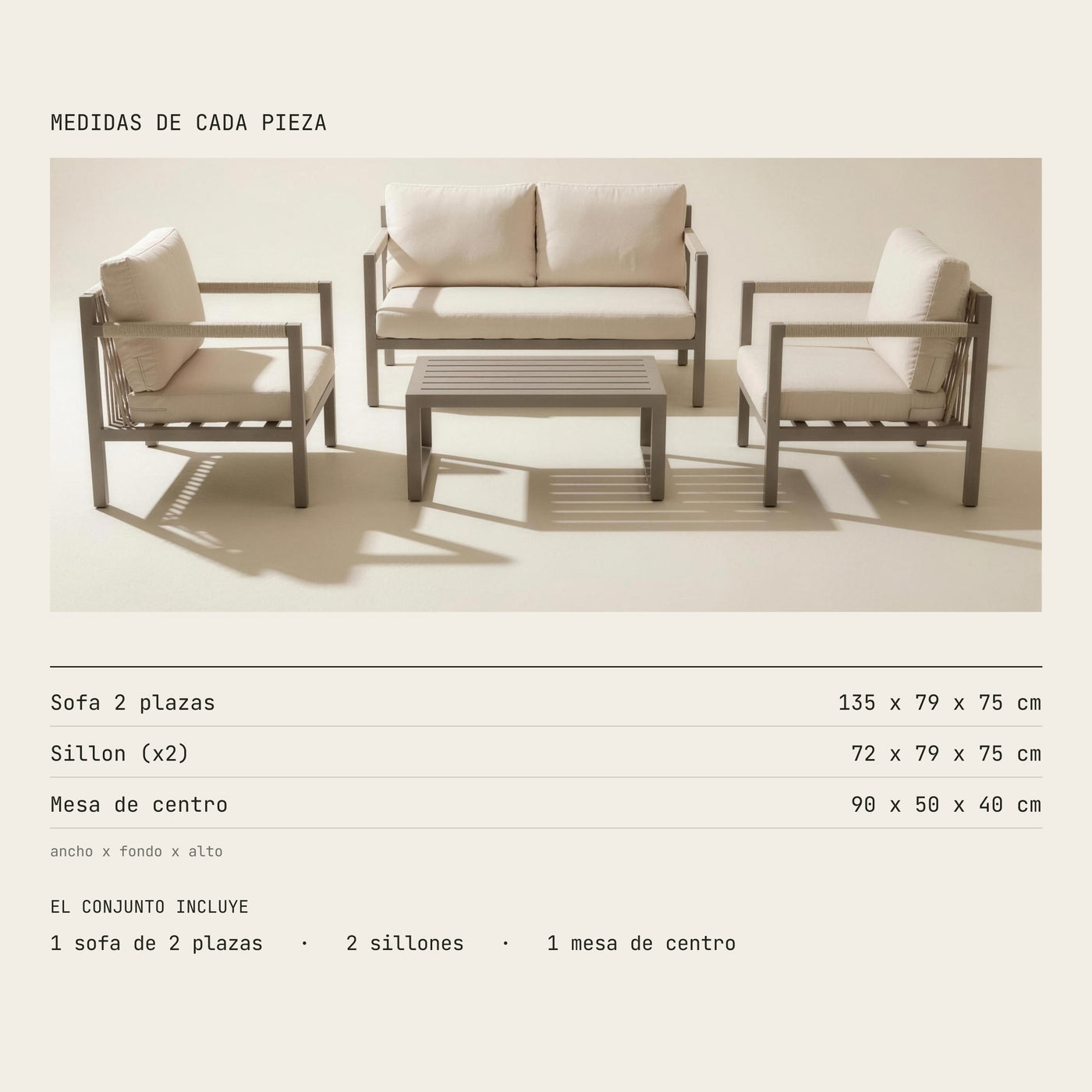 Medidas de cada pieza del conjunto Damasco-7: sofa de 2 plazas 135x79x75 cm, sillon 72x79x75 cm y mesa de centro 90x50x40 cm. Incluye 1 sofa, 2 sillones y 1 mesa