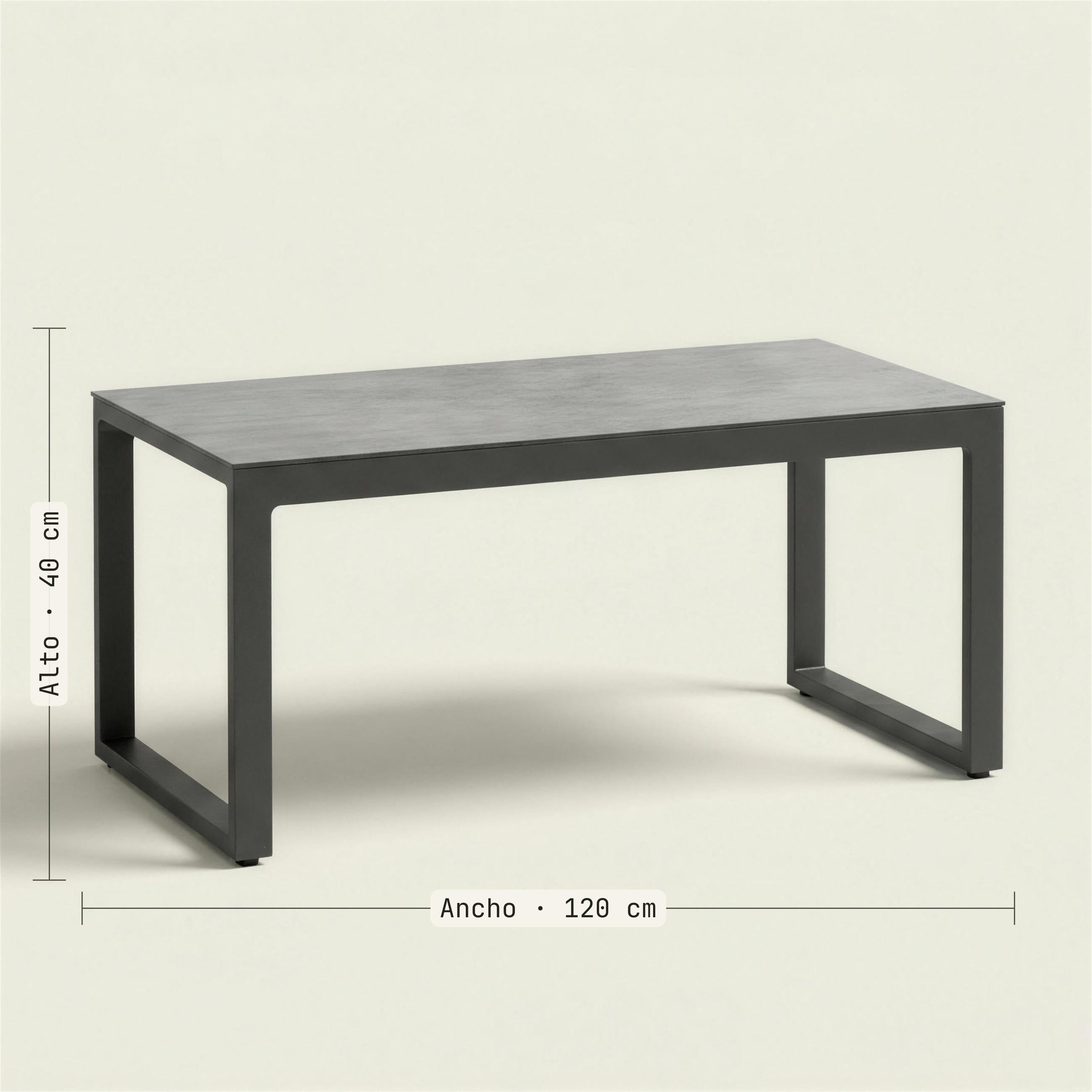 Medidas de la mesa de centro HPL: 120 cm de ancho y 40 de alto. Se vende solo la mesa