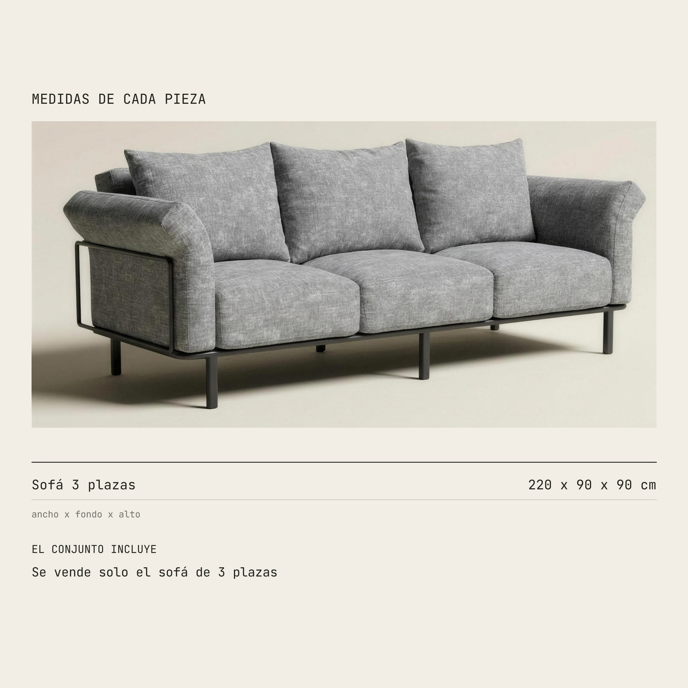 Medidas del sofa de 3 plazas Brandon: 220 cm de ancho por 90 de fondo y 90 de alto. Se vende solo el sofa