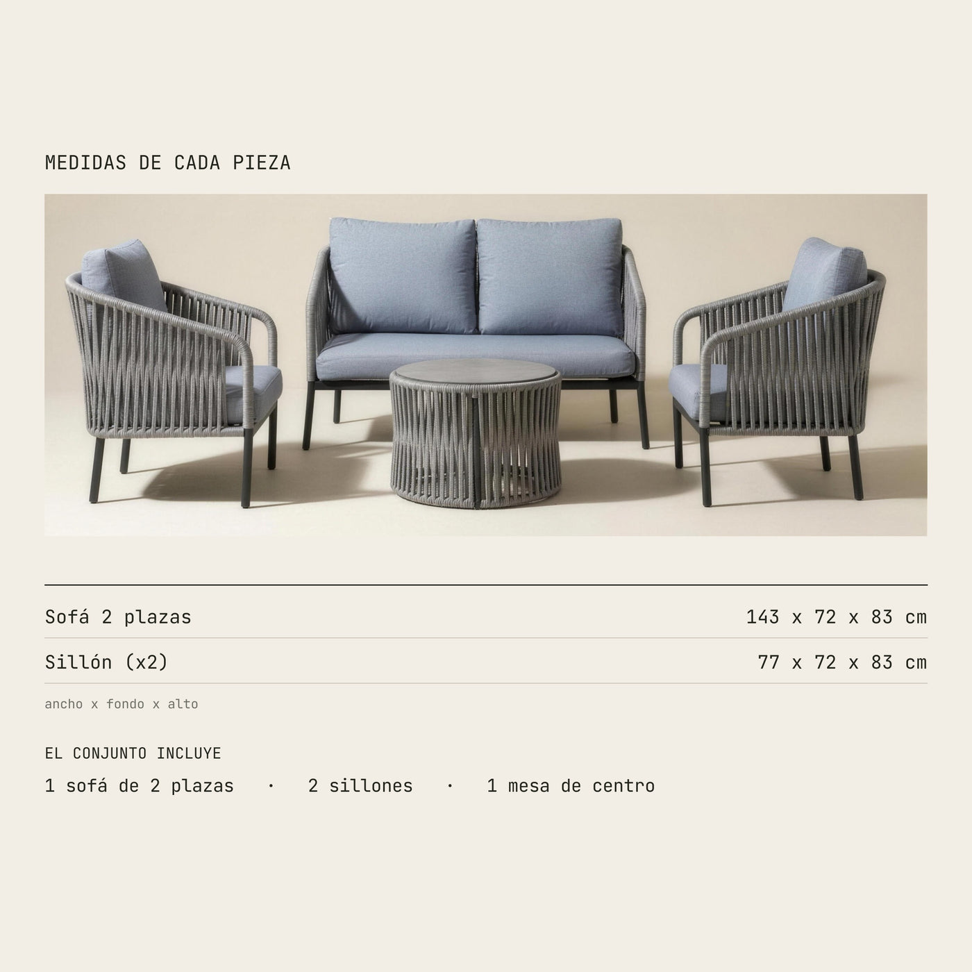 Medidas del conjunto Yina de 2 plazas: sofa 143x72x83 cm y sillon 77x72x83 cm. Incluye sofa, dos sillones y mesa de centro