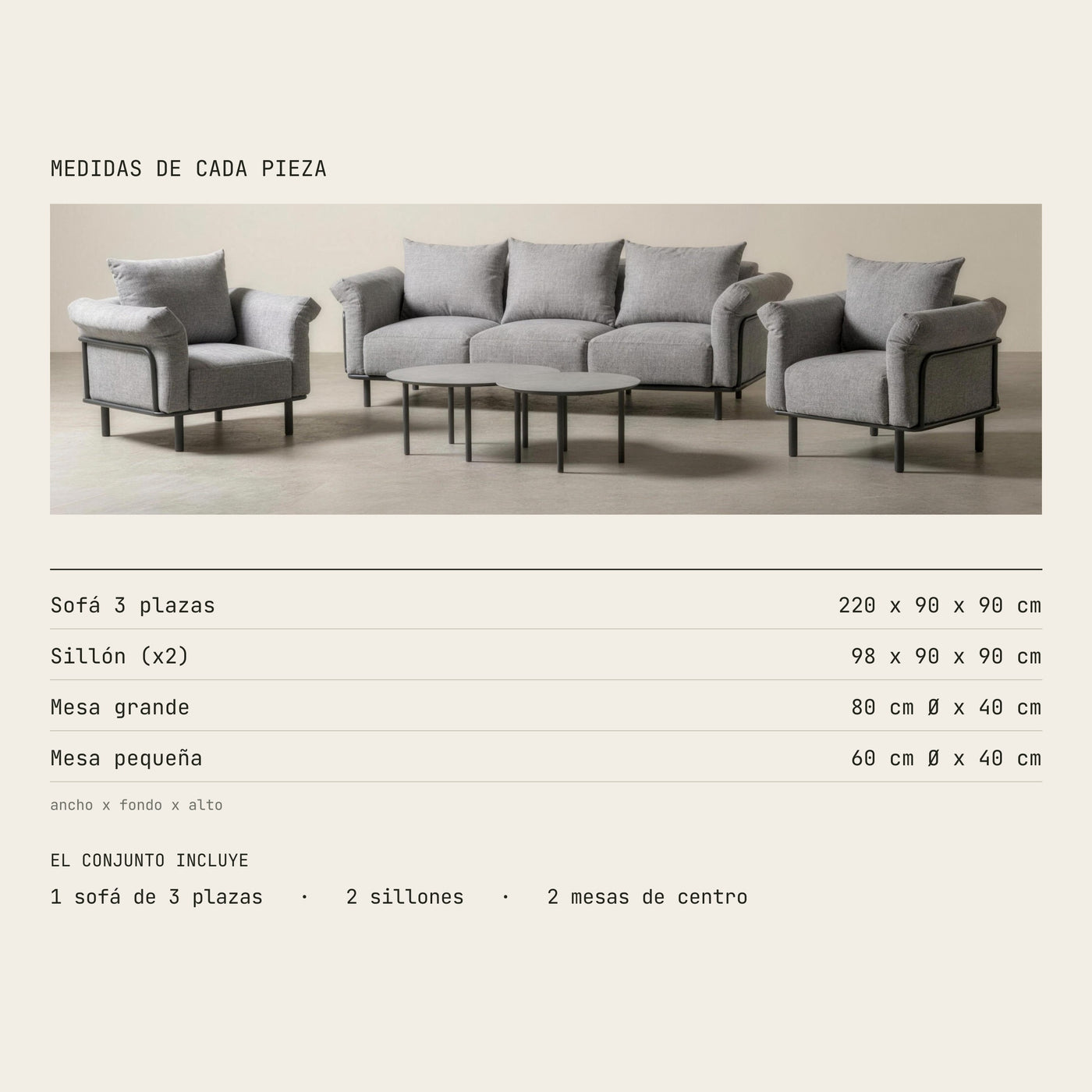 Medidas de cada pieza del conjunto: sofa de 3 plazas 220x90x90 cm, sillon 98x90x90 cm y mesas de centro de 80 y 60 cm de diametro por 40 cm de alto
