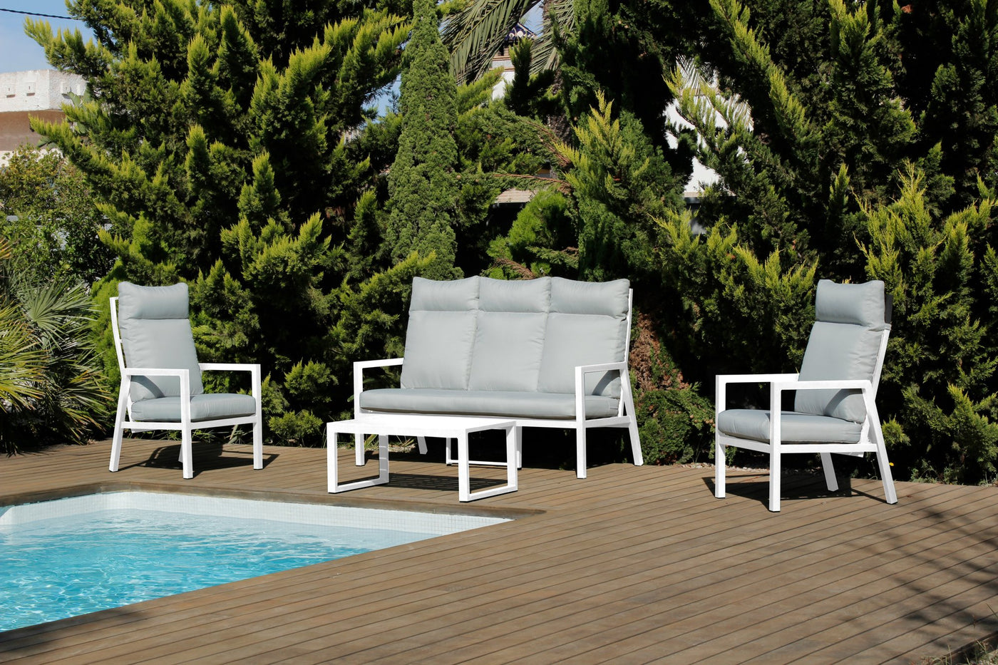 Set jardín 3 plazas · contemporáneo | sofá 3 plazas + 2 sillones + mesa 4