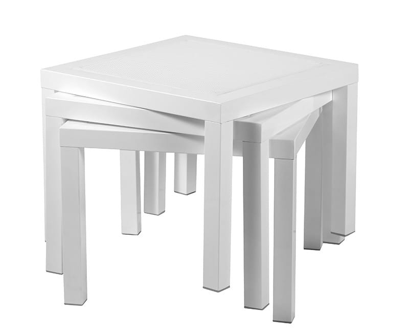 Mesa auxiliar exterior aluminio · 48×48 cm tejido · Olimpia