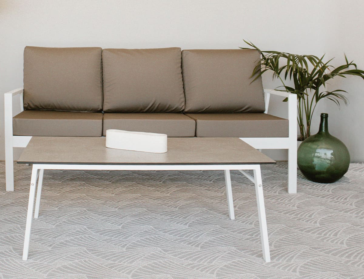 Mesa de centro exterior · aluminio HPL 110×60 cm · blanco