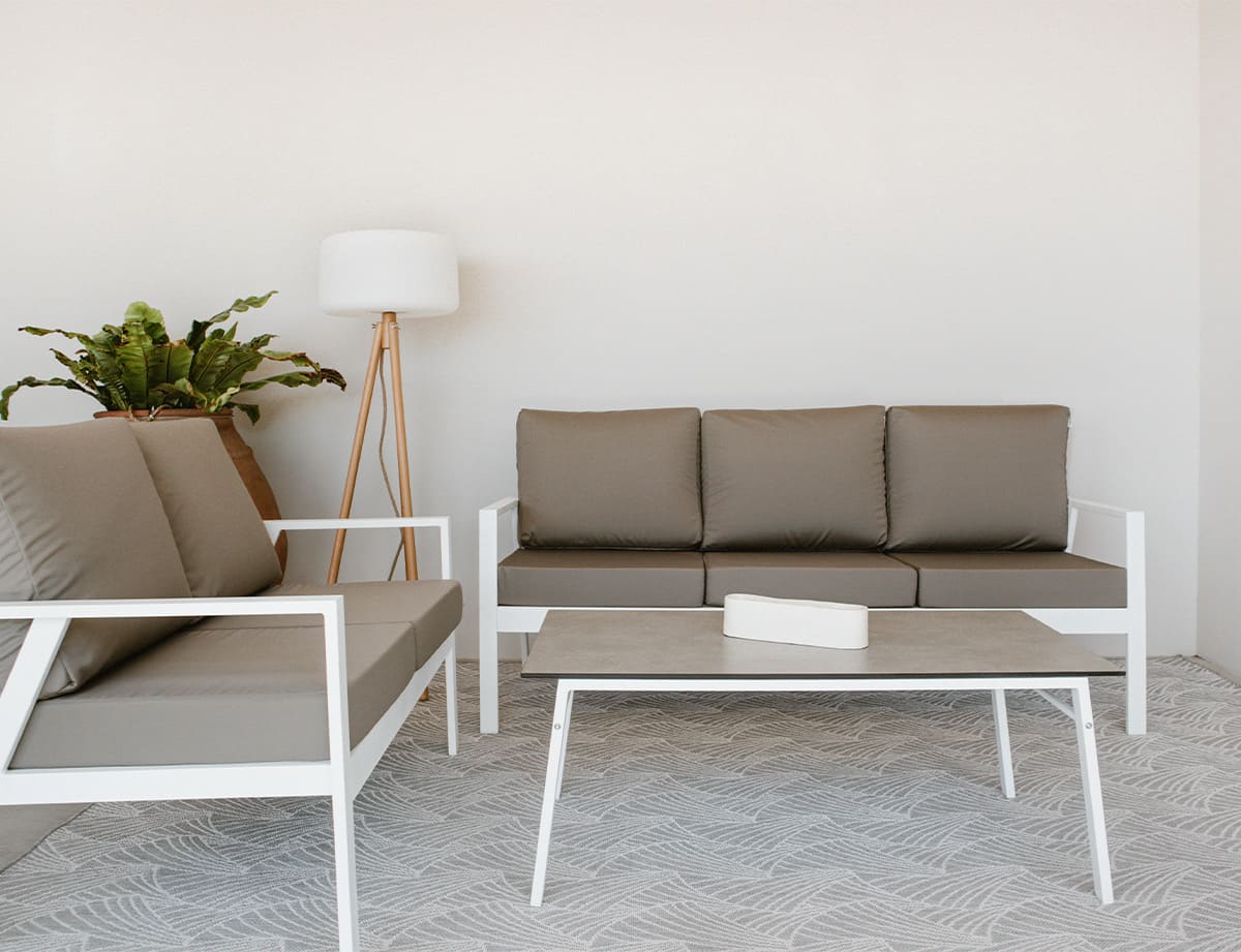 Mesa de centro exterior · aluminio HPL 110×60 cm · blanco