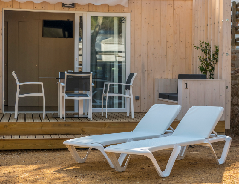 Tumbona exterior resina · Ø73 cm tela · Eva Pro