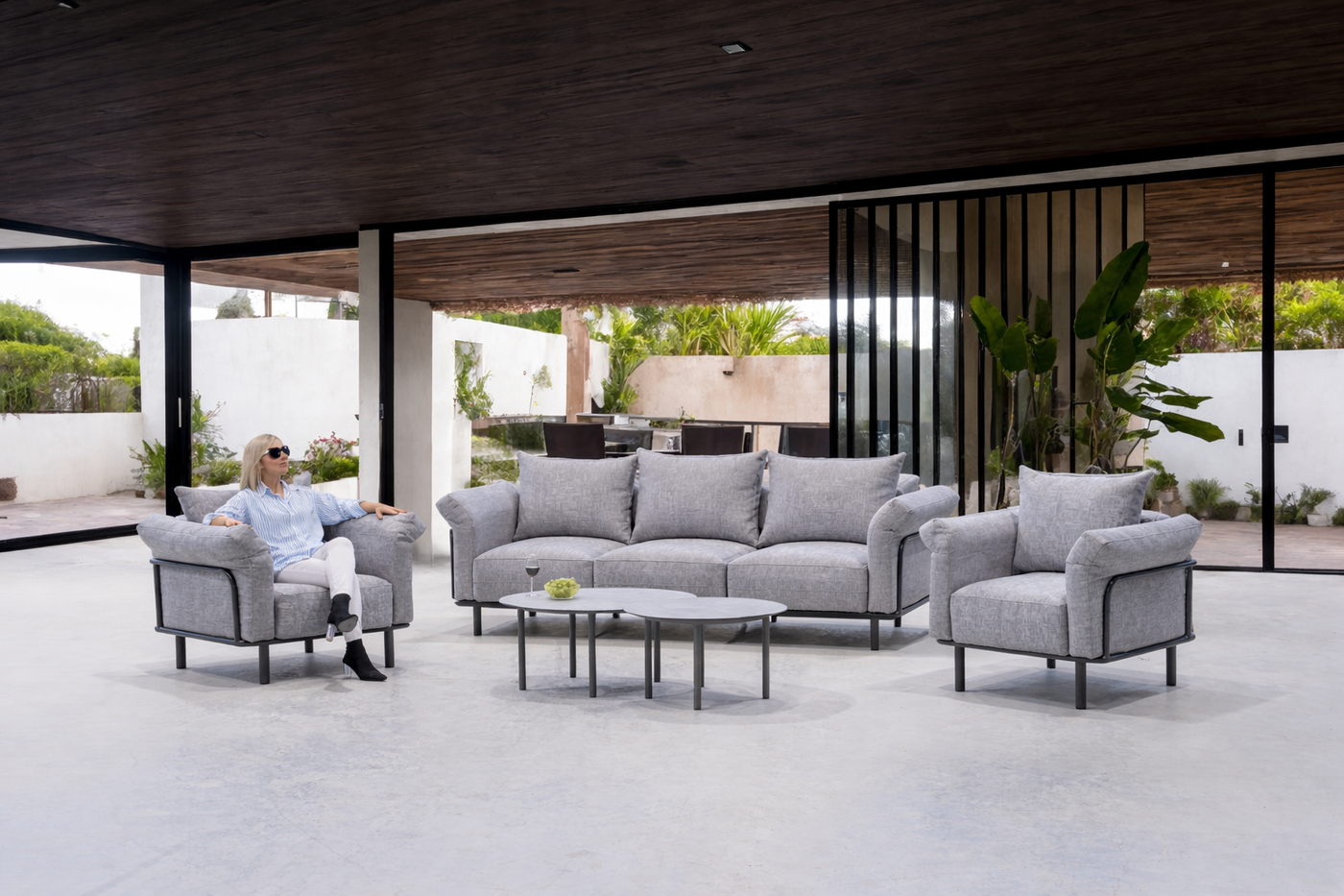 Set jardín aluminio 3 plazas · contemporáneo | sofá 3 plazas + 2 sillones + mesa